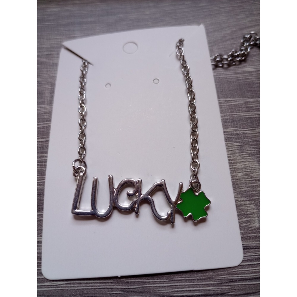 Silvertone LUCKY‎ Necklace with Four Leaf Clover
